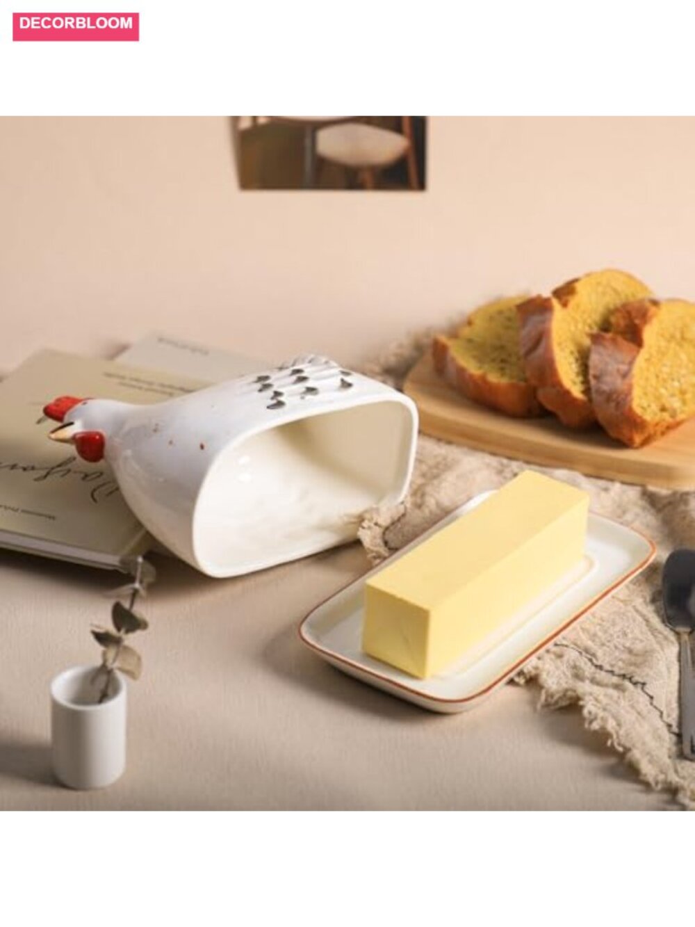 Retro Hen Ceramic Butter Dish with Lid - Butter Keeper & Plate Tray for Kitchen - Picture 6 of 6